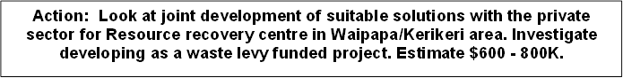 Action:  Look at joint development of suitable solutions with the private sector for Resource recovery centre in Waipapa/Kerikeri area. Investigate developing as a waste levy funded project. Estimate $600 - 800K.