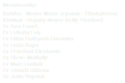 Membership:
Kahika - Mayor Moko Tepania - Chairperson
Kōwhai - Deputy Mayor Kelly Stratford
Cr Ann Court
Cr Felicity Foy
Cr Hilda Halkyard-Harawira
Cr Babe Kapa
Cr Penetaui Kleskovic
Cr Steve McNally
Cr Mate Radich
Cr Tāmati Rākena
Cr John Vujcich

