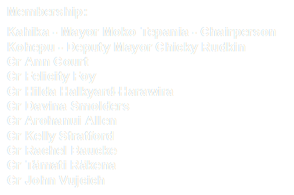 Membership:
Kahika - Mayor Moko Tepania - Chairperson
Kohepu - Deputy Mayor Chicky Rudkin
Cr Ann Court
Cr Felicity Foy
Cr Hilda Halkyard-Harawira
Cr Davina Smolders
Cr Arohanui Allen
Cr Kelly Stratford
Cr Rachel Baucke
Cr Tāmati Rākena
Cr John Vujcich

